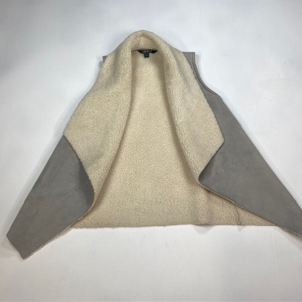 Lauren Ralph Lauren Grey Faux Suede Sherpa Lined Draped Waterfall Vest PXS